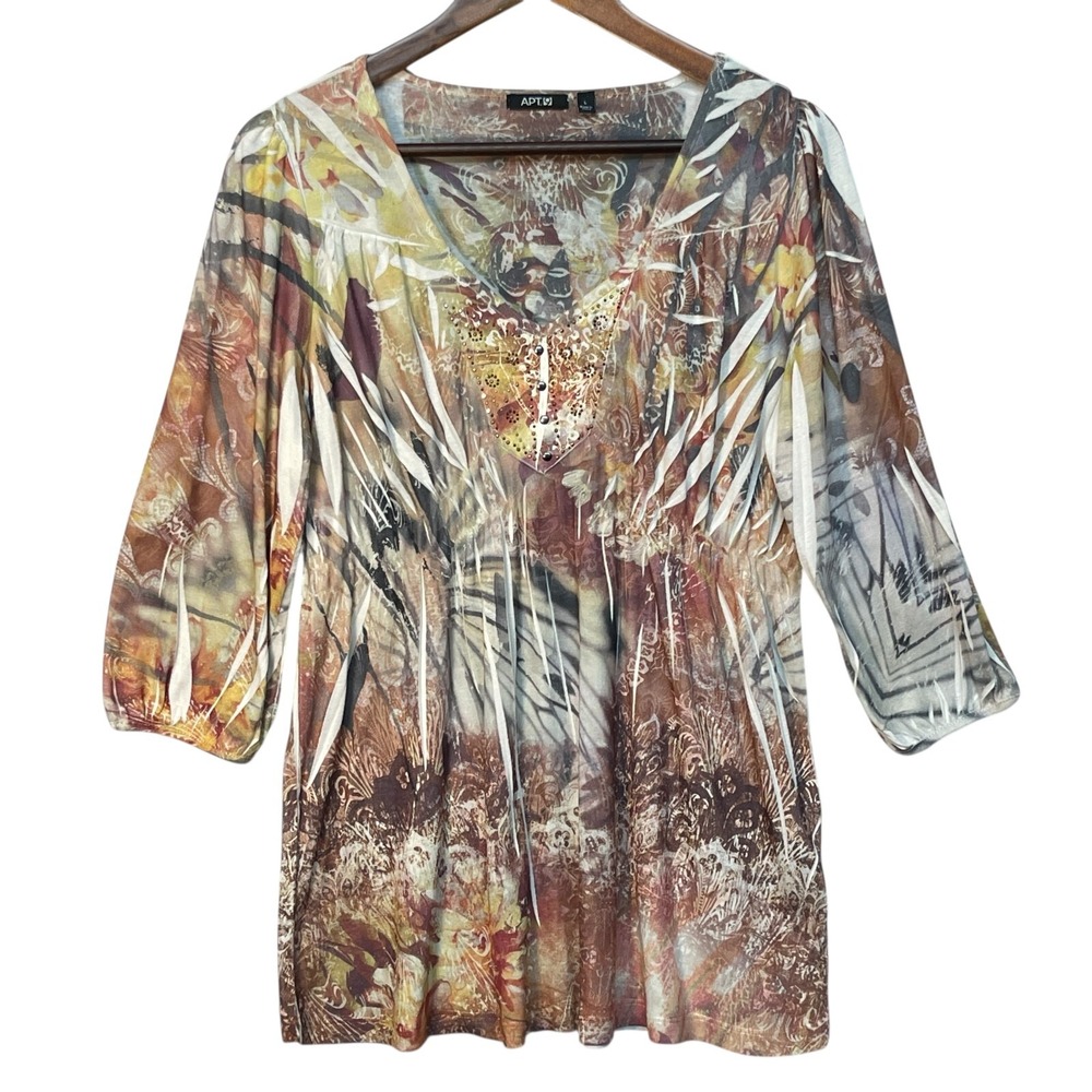 Apt. 9 Blouse Top‎ Women Size L Brown Embellished Tunic Y2K Abstract Studded